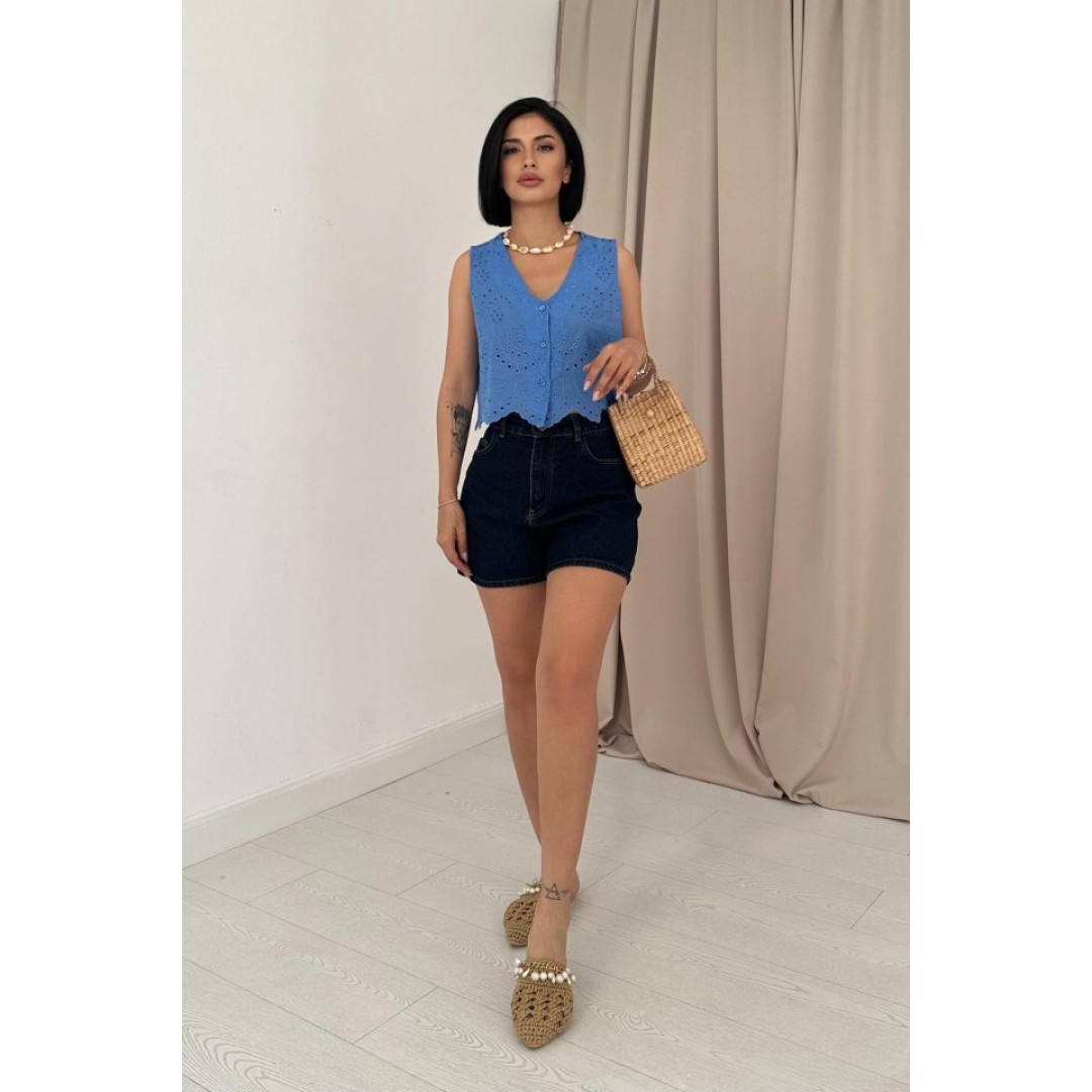 Mavi Sıfır Kol Brode Bluz 153475 Mavi Sıfır Kol Brode Bluz 153475