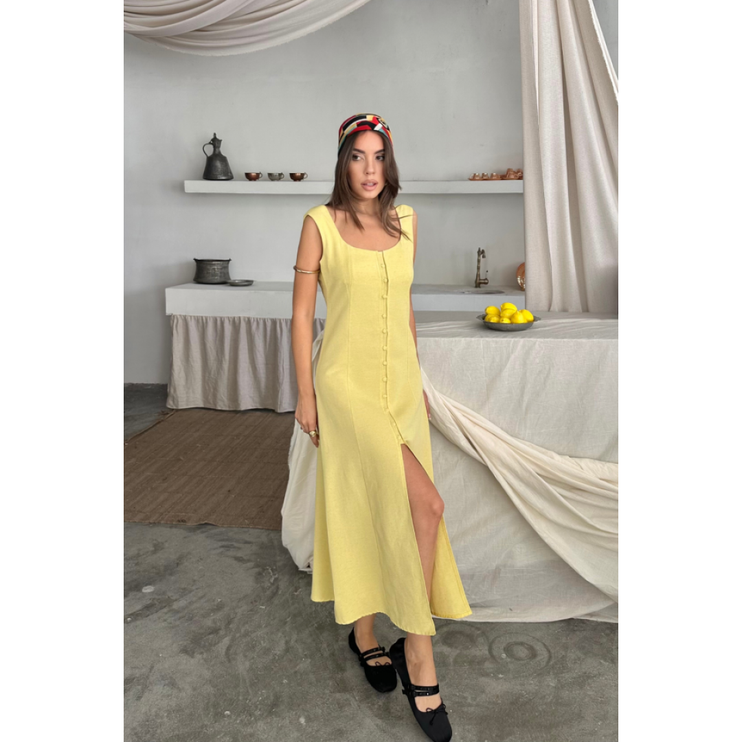 KETEN KOLSUZ KARE YAKA DÜĞME DETAYLI ELBİSE - Sarı
