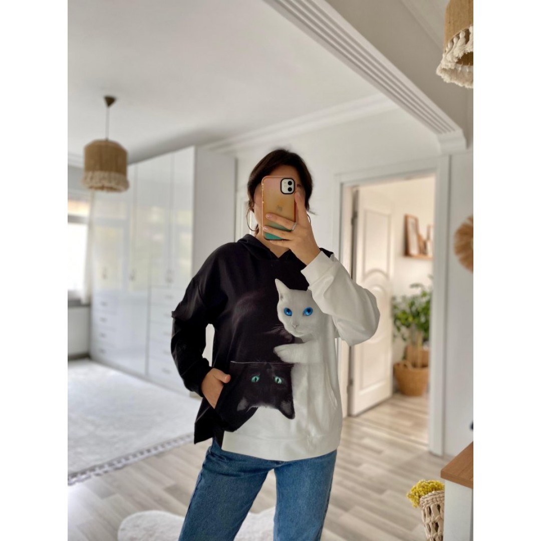 Kadın Uzun Kollu Kapşonlu Bağcıklı Kedi Desenli şardonlu Dalgıç Bluz - 134701 Kadın Uzun Kollu Kapşonlu Bağcıklı Kedi Desenli şardonlu Dalgıç Bluz - 134701