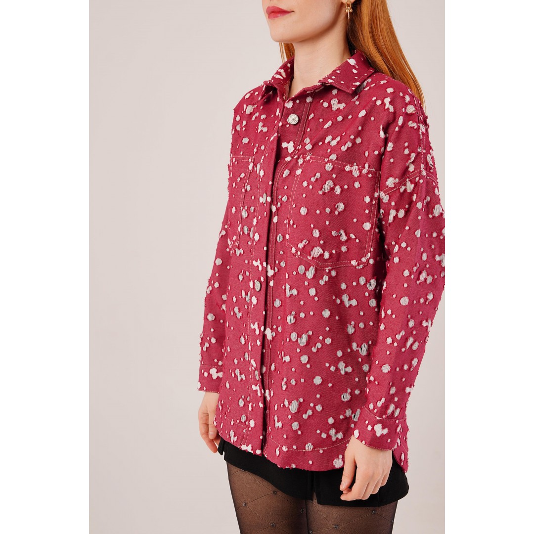 Eskitme Görünümlü Denim Bordo Gömlek - 147514 Eskitme Görünümlü Denim Bordo Gömlek - 147514