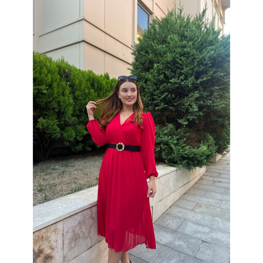Kadın şifon Kumaş Astalı Kloş Kesim Kruvaze Yaka Midi Boy Elbise - 132870 Kadın şifon Kumaş Astalı Kloş Kesim Kruvaze Yaka Midi Boy Elbise - 132870