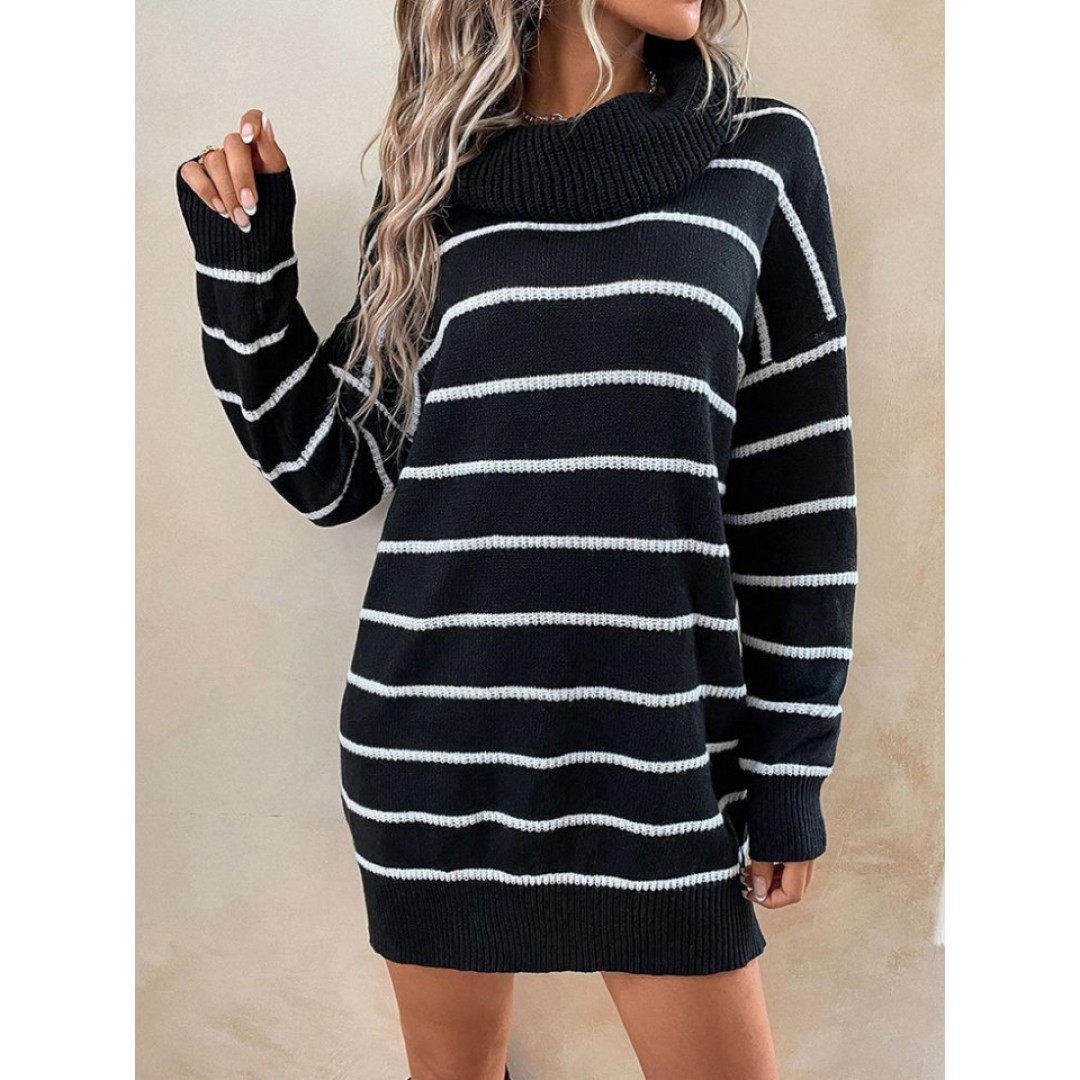 Kadın Uzun Kollu Degaje Yaka çizgili Sonya Iplik Mini Boy Triko Elbise (kemersiz) - 133825 Kadın Uzun Kollu Degaje Yaka çizgili Sonya Iplik Mini Boy Triko Elbise (kemersiz) - 133825