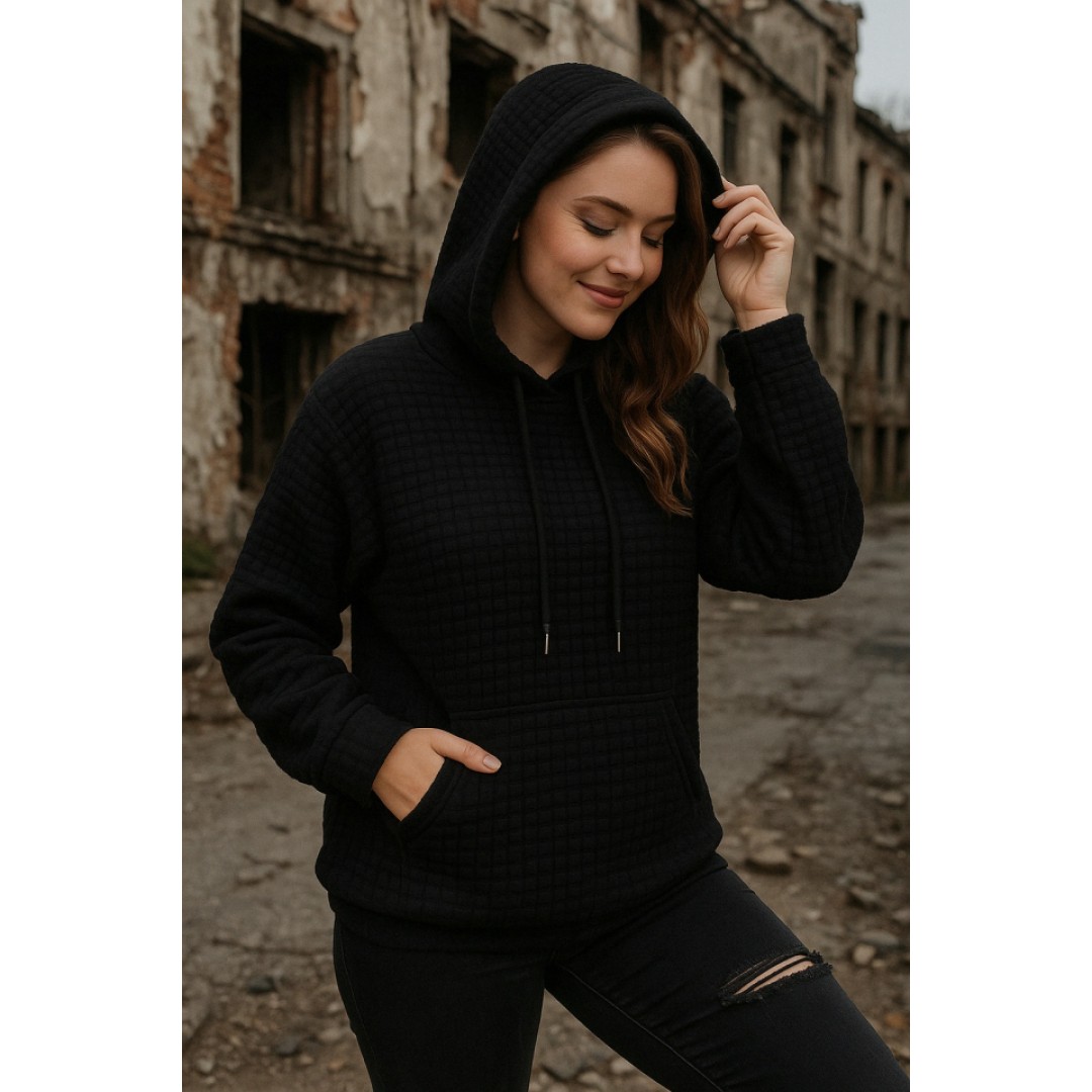 Kadın Uzun Kollu Kapşonlu Bağcıklı Cepli Capitone Sweatshirt