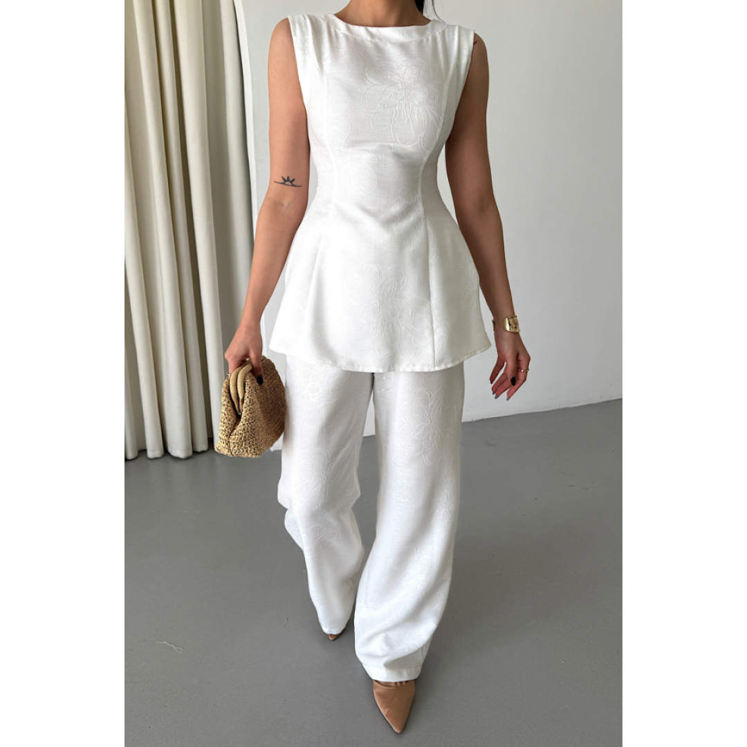 JAKAR KETEN KOLSUZ BLUZ-PANTOLON TK - Beyaz 154164 JAKAR KETEN KOLSUZ BLUZ-PANTOLON TK - Beyaz 154164