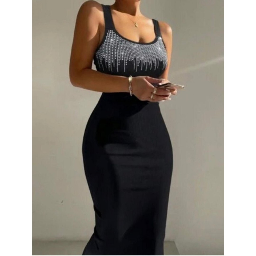 Kadın Omuz Askılı U Yaka Taş Detay Midi Boy Elbise - 153880 Kadın Omuz Askılı U Yaka Taş Detay Midi Boy Elbise - 153880
