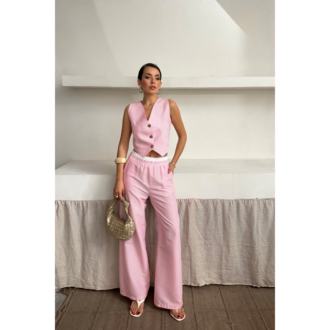 GOFRE ÇİZGİLİ YELEK - PANTOLON TAKIM - Pembe 160807 GOFRE ÇİZGİLİ YELEK - PANTOLON TAKIM - Pembe 160807