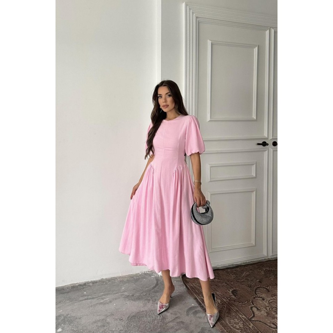 Pembe Arkadan Bağlamalı Büzgülü Keten Elbise 161943 Pembe Arkadan Bağlamalı Büzgülü Keten Elbise 161943