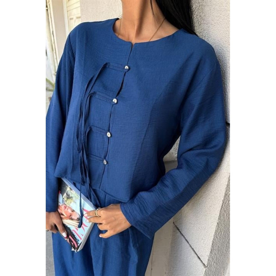 Önü İnce Kordon Detaylı Ve Double Paça Pantolonlu Takım 10180 - 159417 Önü İnce Kordon Detaylı Ve Double Paça Pantolonlu Takım 10180 - 159417