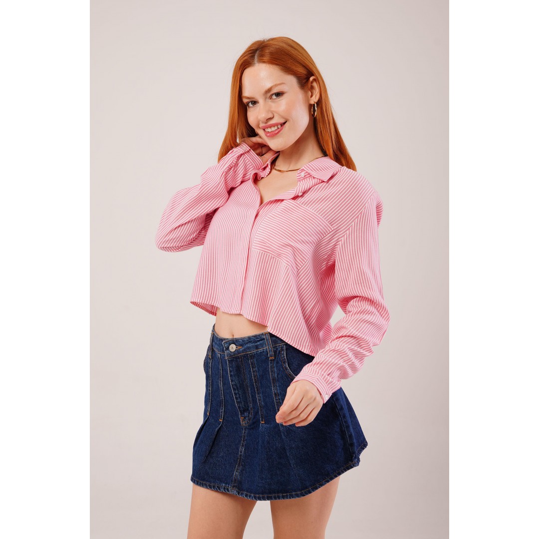 Tek Cep Çizgili Pembe Kısa Gömlek