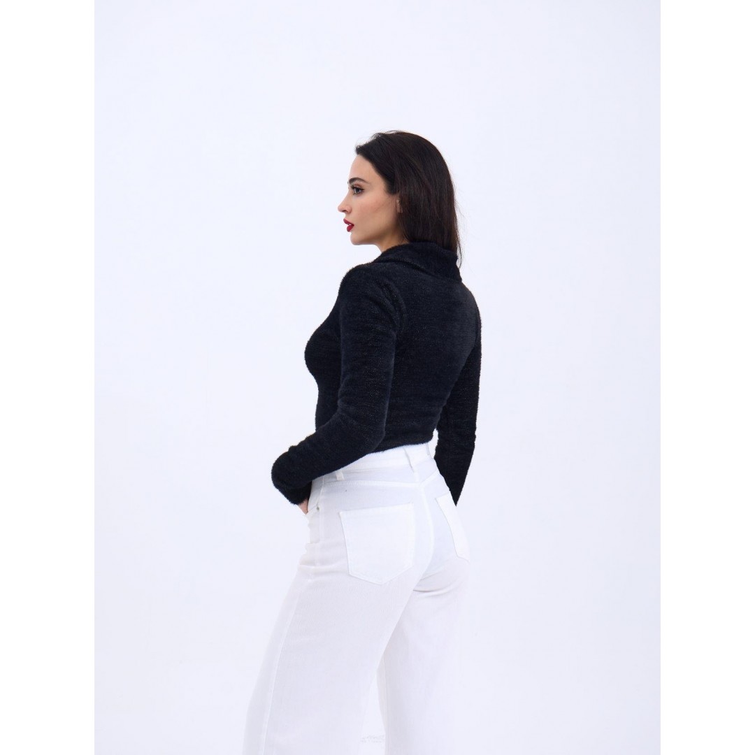 42531 TRİKO SİMLİ YAKALI CROP-SİYAH 144096