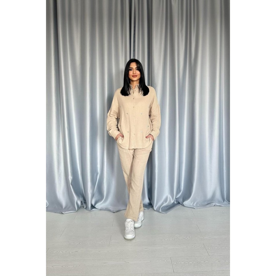 Bej 3 Taş Motifli Gömlek Ve Pantolon Takım - 148363 Bej 3 Taş Motifli Gömlek Ve Pantolon Takım - 148363