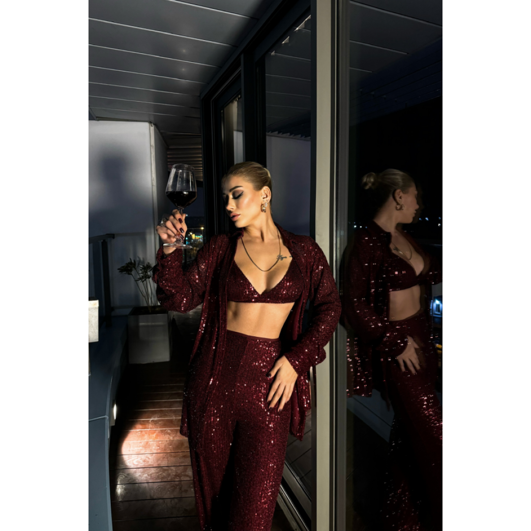 PUL PAYET 3 LÜ TAKIM - CEKET-BÜSTİYER-PANTOLON - Bordo 150996 PUL PAYET 3 LÜ TAKIM - CEKET-BÜSTİYER-PANTOLON - Bordo 150996