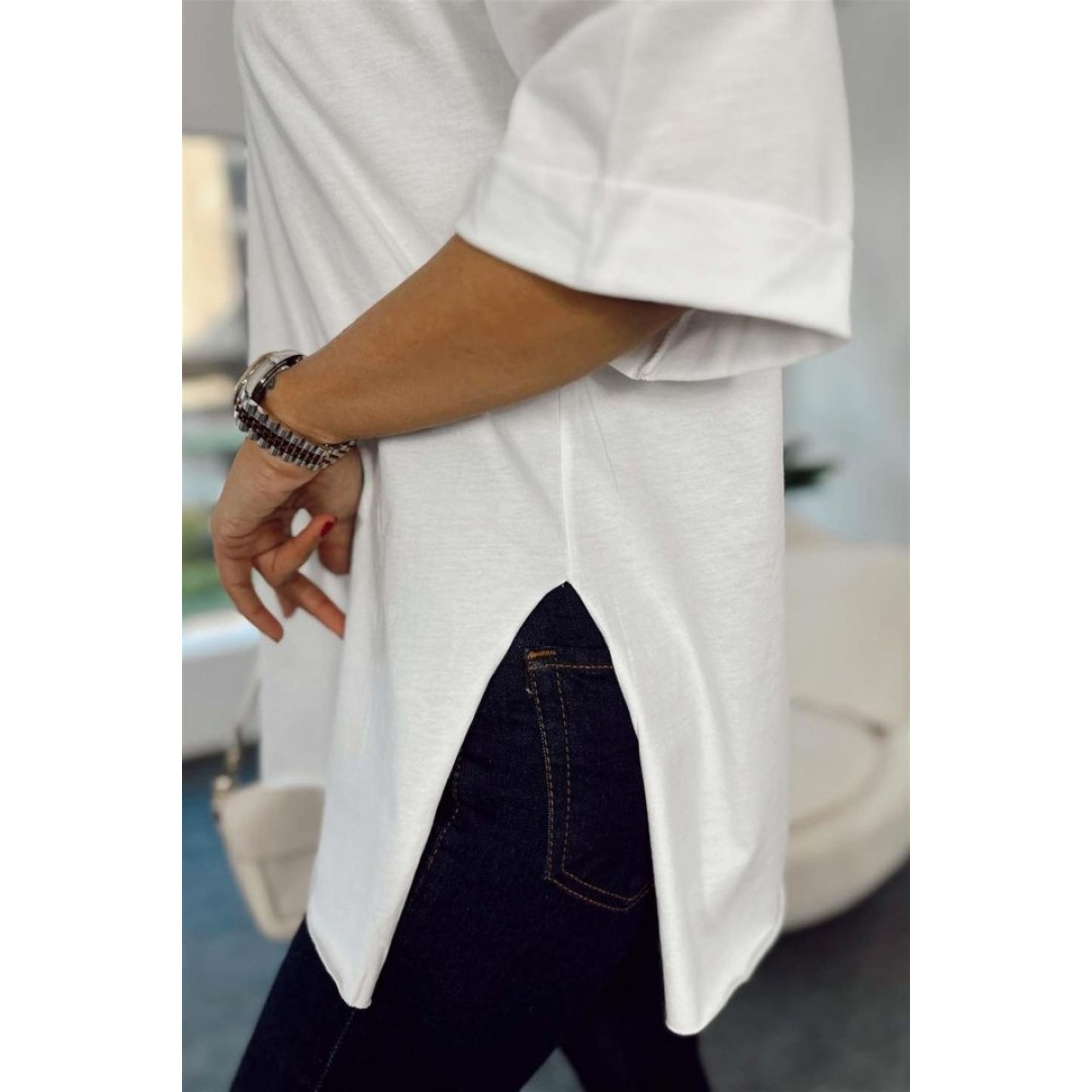 4123 Yırtmaçlı Oversize Tişört - Beyaz 144758 4123 Yırtmaçlı Oversize Tişört - Beyaz 144758