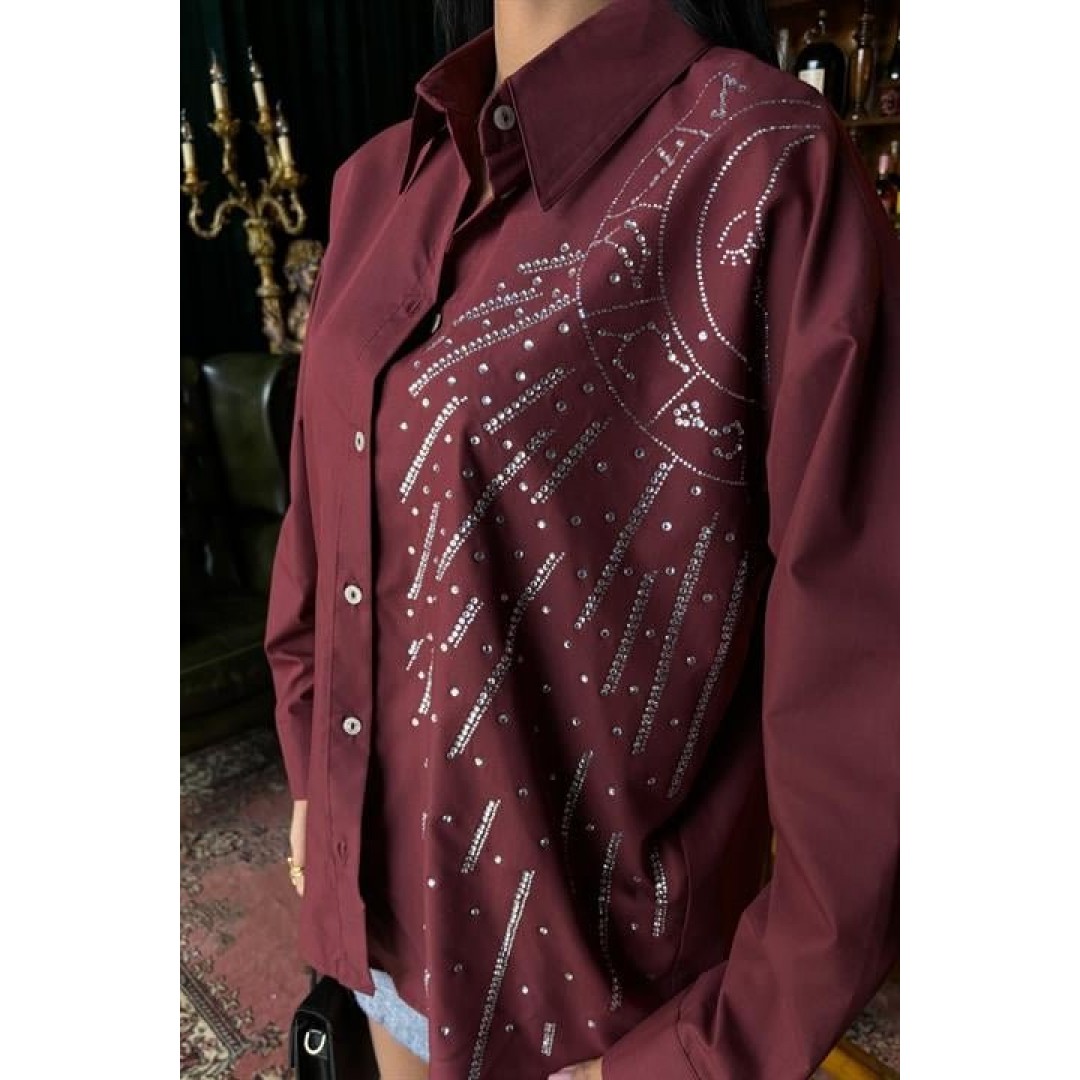 Ay Figürlü Taş İşlemeli Poplin Gömlek 3440 158501 Ay Figürlü Taş İşlemeli Poplin Gömlek 3440 158501