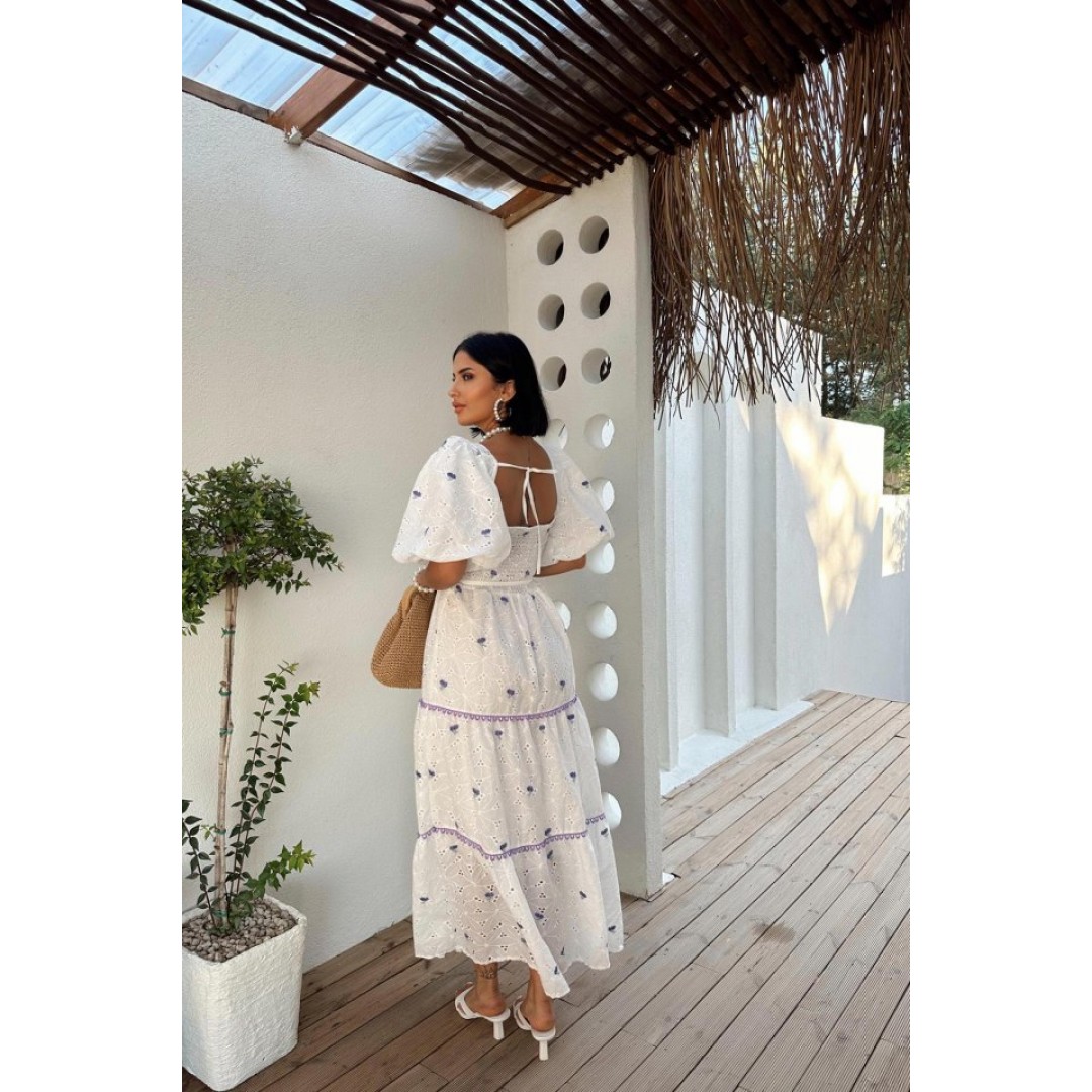 Lila Dantel Detaylı Brode Elbise - 153658 Lila Dantel Detaylı Brode Elbise - 153658