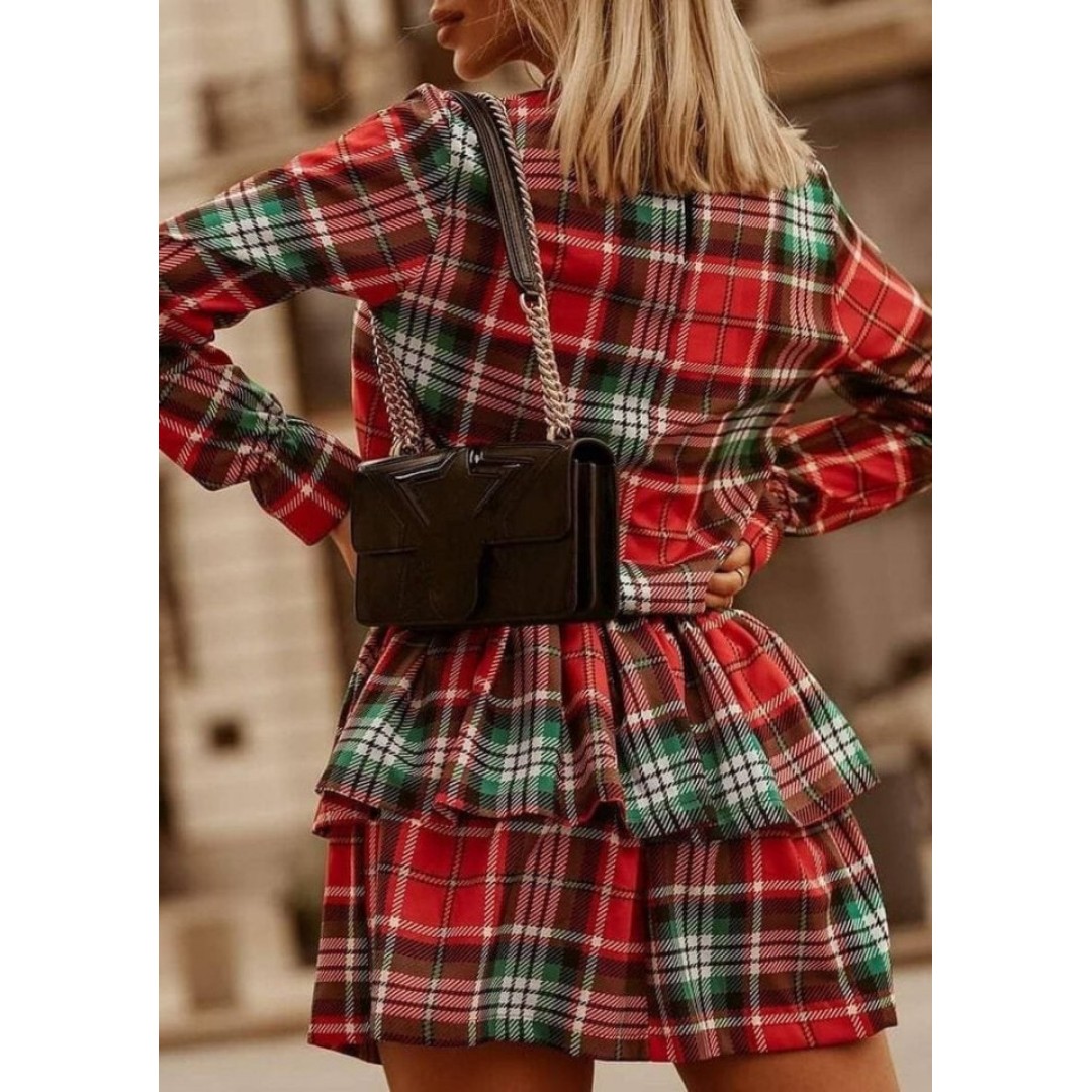 Kadın Ekose Kumaş Dijital Baskılı Uzun Kollu Mini Boy Elbise - 136136