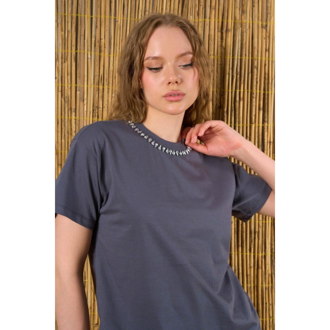 Yakası Taşlı Tshirt - Füme 149479 Yakası Taşlı Tshirt - Füme 149479