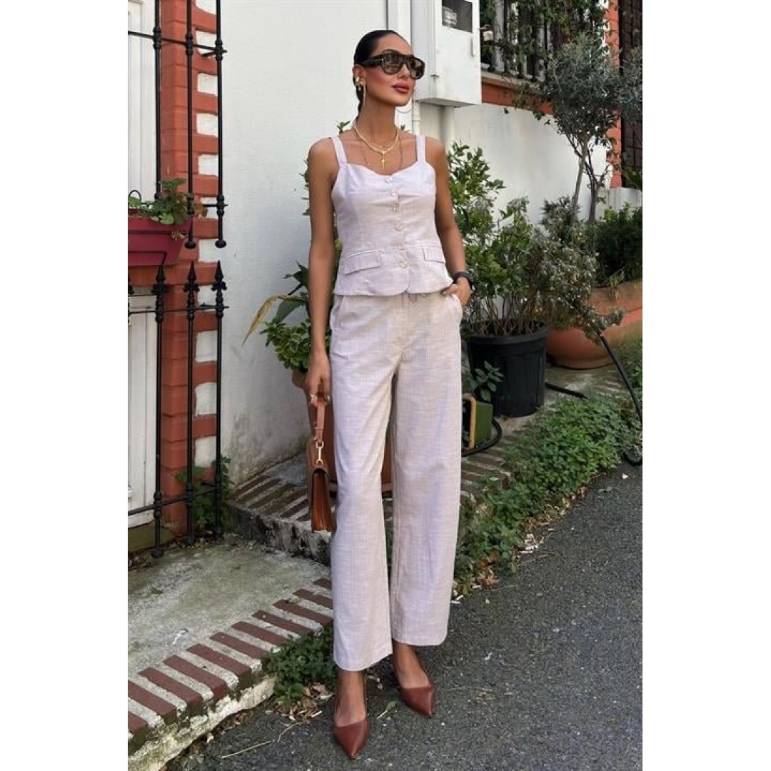 Kalın Askılı Bluz Pantolon Keten Takım 10187 160568 Kalın Askılı Bluz Pantolon Keten Takım 10187 160568
