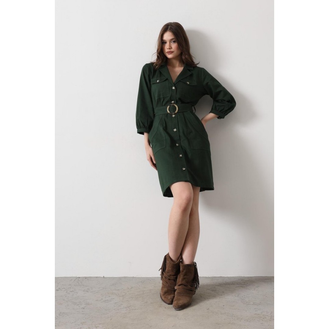 Kemer Detaylı Gabardin Elbise - Haki - 151604 Kemer Detaylı Gabardin Elbise - Haki - 151604