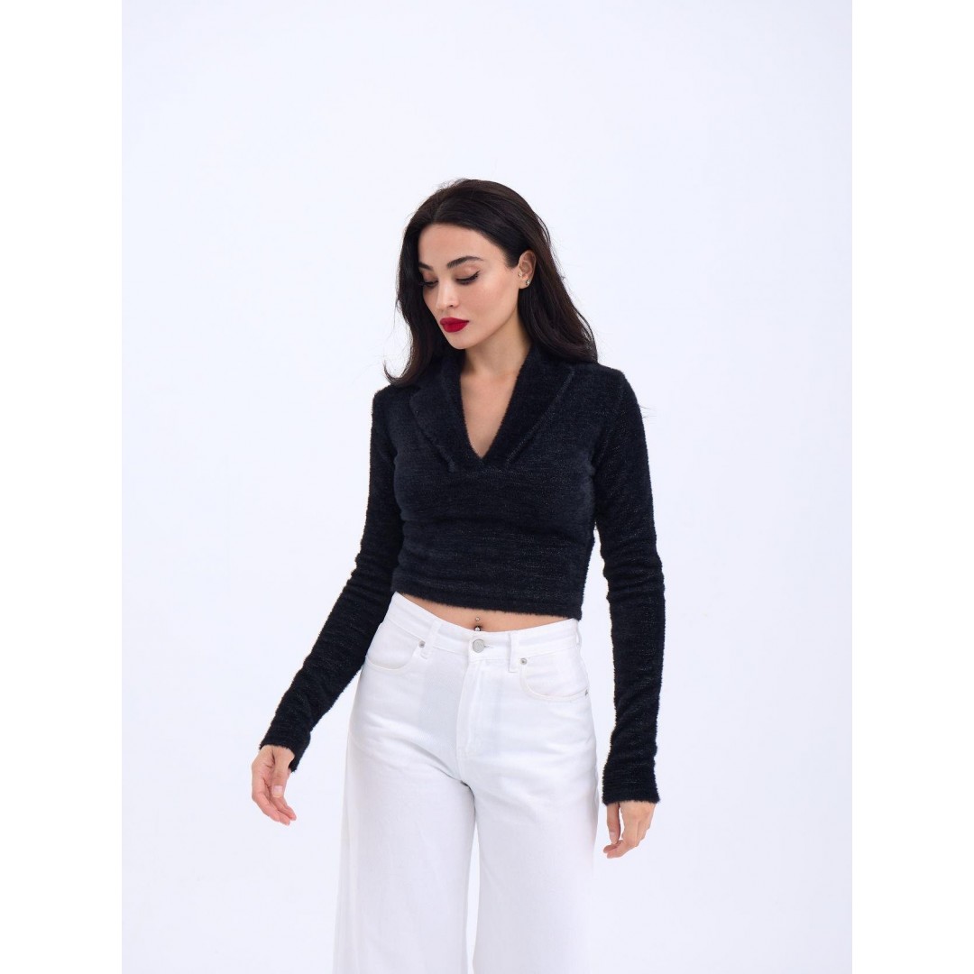 42531 TRİKO SİMLİ YAKALI CROP-SİYAH 144096
