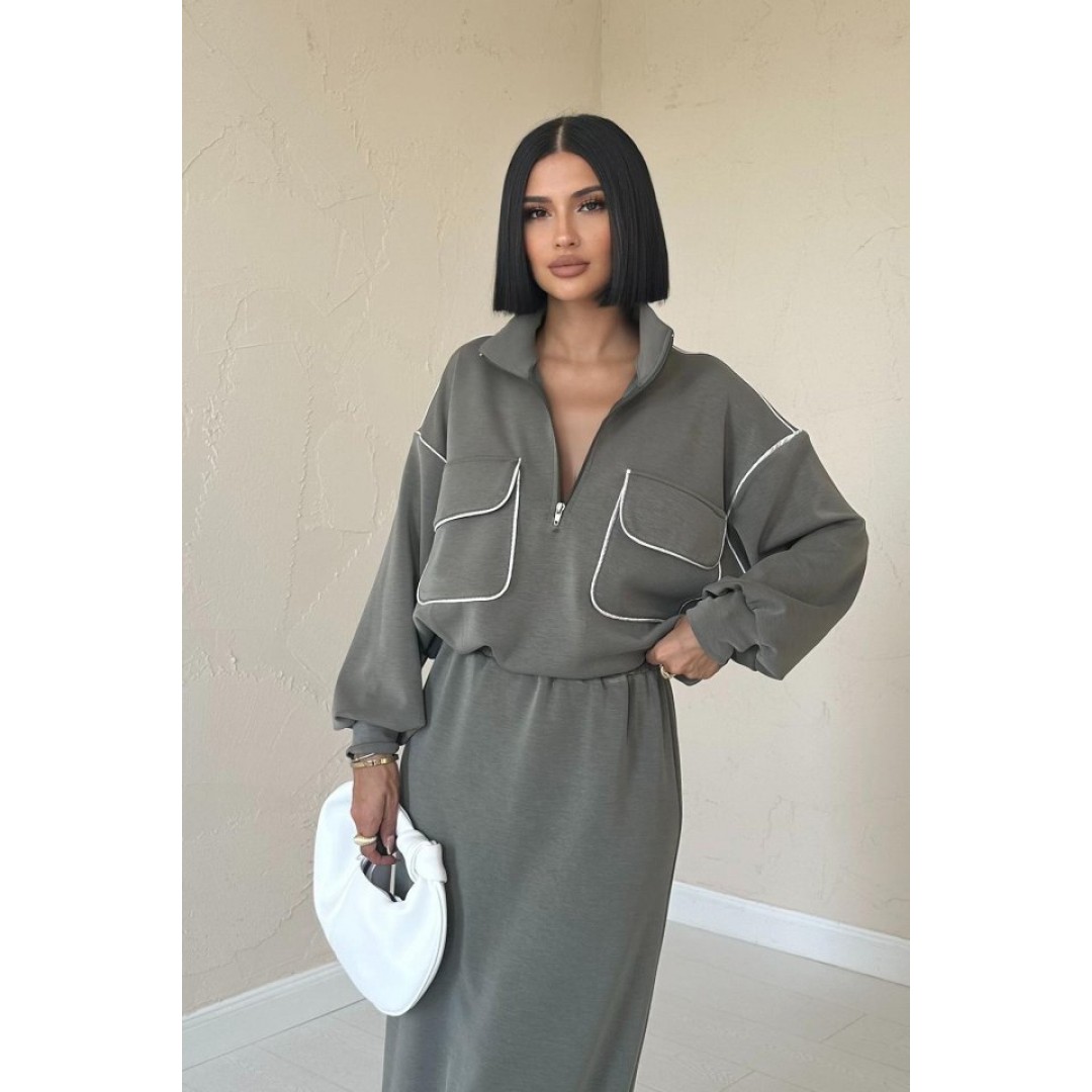 Haki Biyeli Sweatshirt Ve Etek Takım 153811