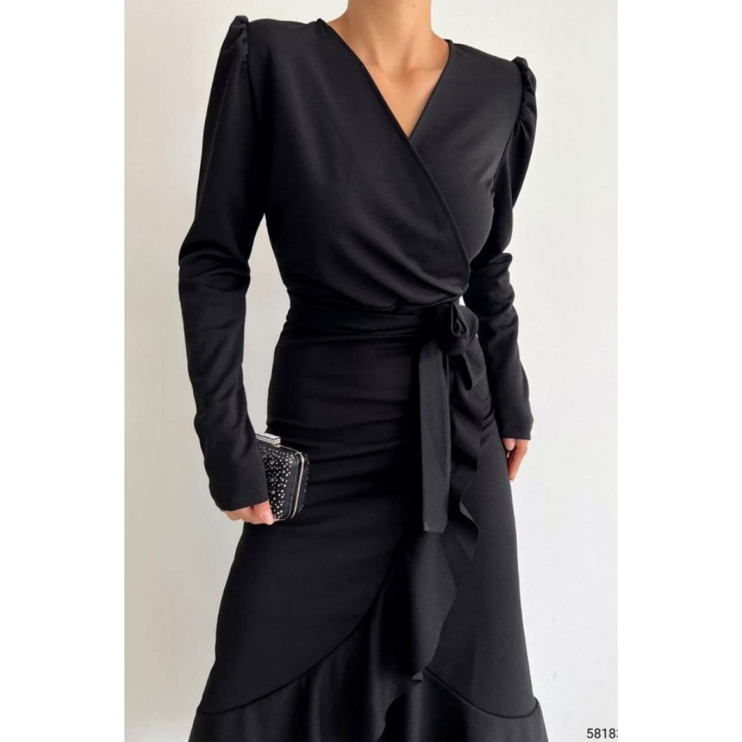 Krep Kumaş Midi Boy Kuşaklı Uzunkol Elbise 113 Cm - 42673 Krep Kumaş Midi Boy Kuşaklı Uzunkol Elbise 113 Cm - 42673