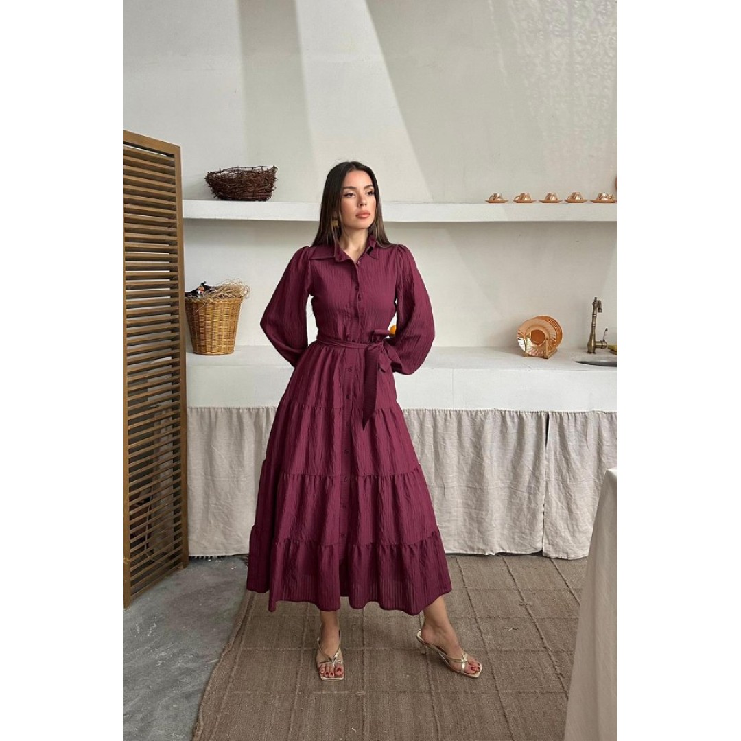 Bordo Çizgi Desenli Uzun Elbise - 158248 Bordo Çizgi Desenli Uzun Elbise - 158248