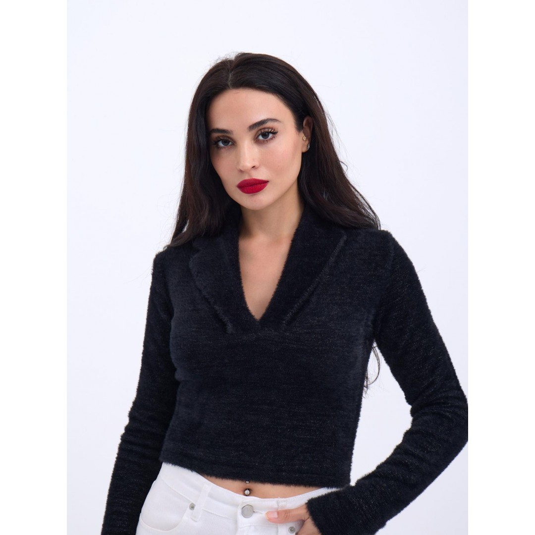 42531 TRİKO SİMLİ YAKALI CROP-SİYAH 144096