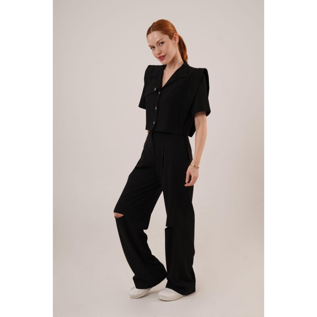 Cepli Düğmeli Bluz Ve Diz Detaylı Pantolon Siyah İkili Takım 149617 Cepli Düğmeli Bluz Ve Diz Detaylı Pantolon Siyah İkili Takım 149617