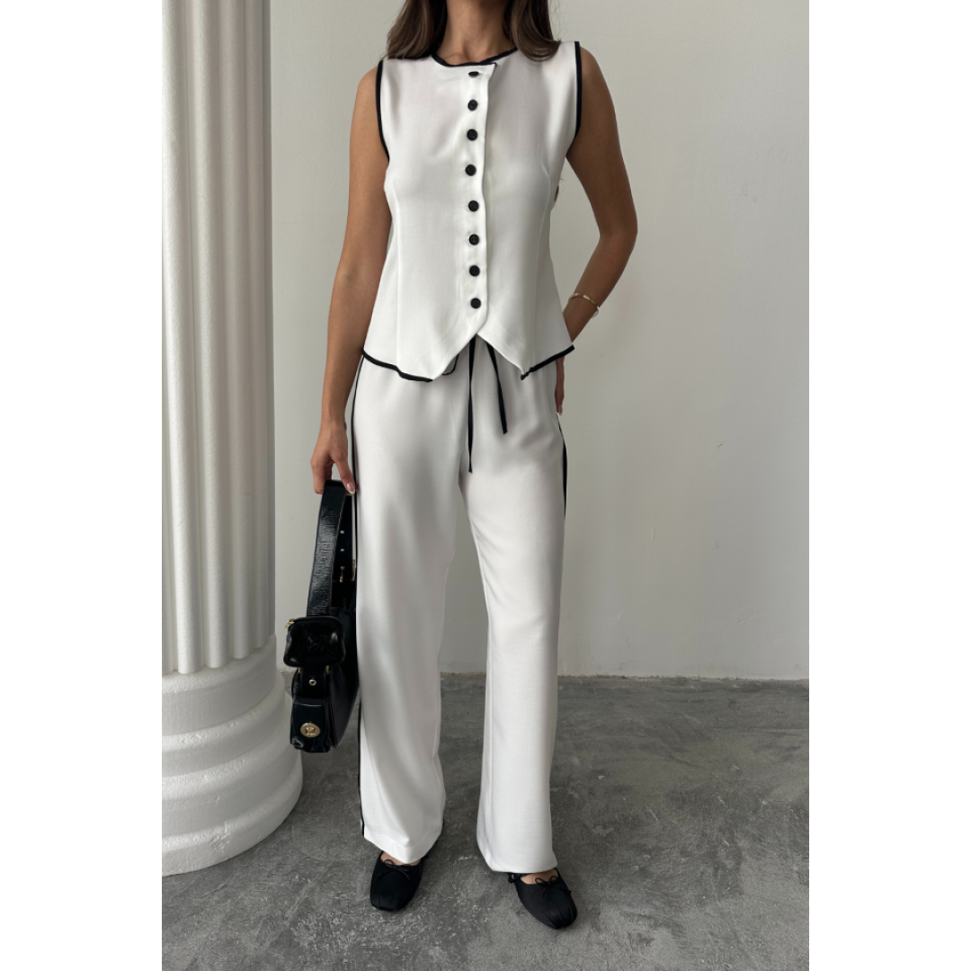 KETEN KENARLARI BİYELİ YELEK - PANTOLON TAKIM - Beyaz 162428 KETEN KENARLARI BİYELİ YELEK - PANTOLON TAKIM - Beyaz 162428