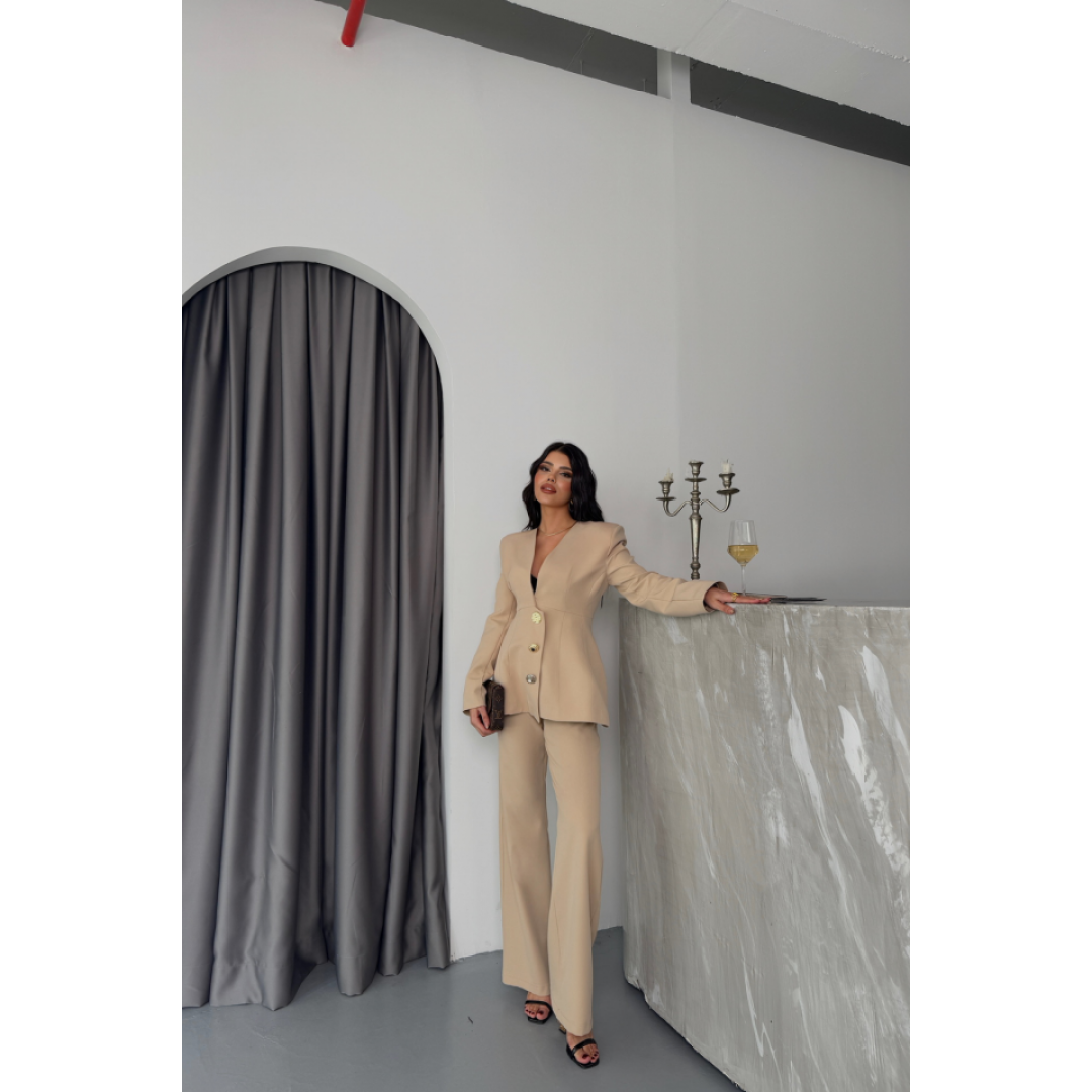 TASARIM CEKET-PANTOLON TAKIM METAL DÜĞME DETAYLI - Bej