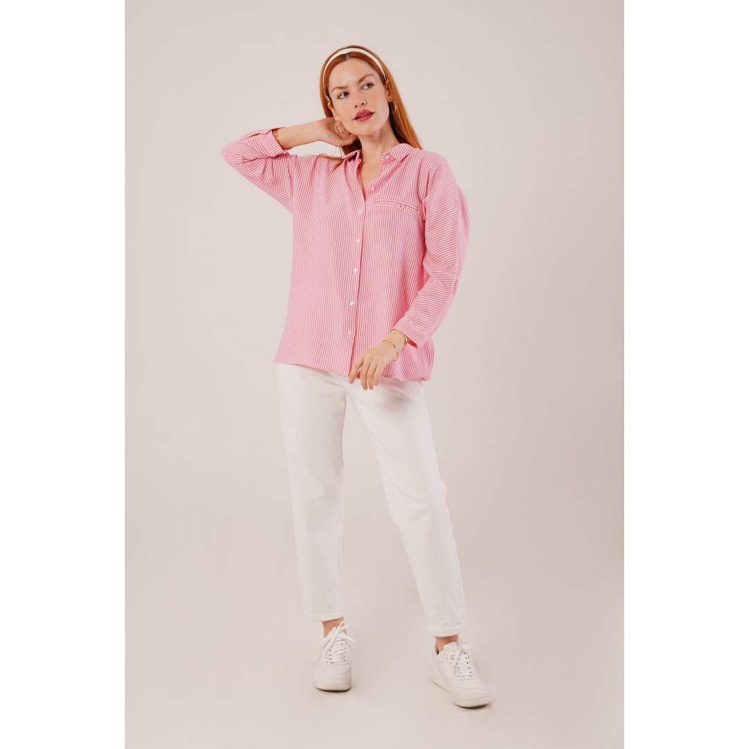 Cep Detay Çizgili Oversize Pembe Gömlek - 147355 Cep Detay Çizgili Oversize Pembe Gömlek - 147355