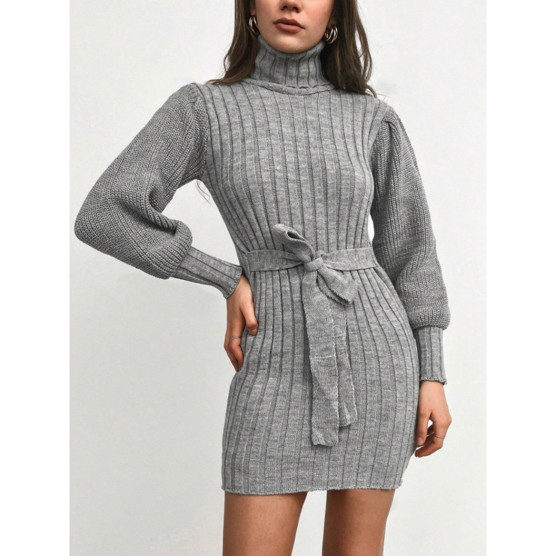 Kadın Uzun Kollu Balıkçı Yaka Beli Kuşaklı Mini Triko Elbise - 95094 Kadın Uzun Kollu Balıkçı Yaka Beli Kuşaklı Mini Triko Elbise - 95094