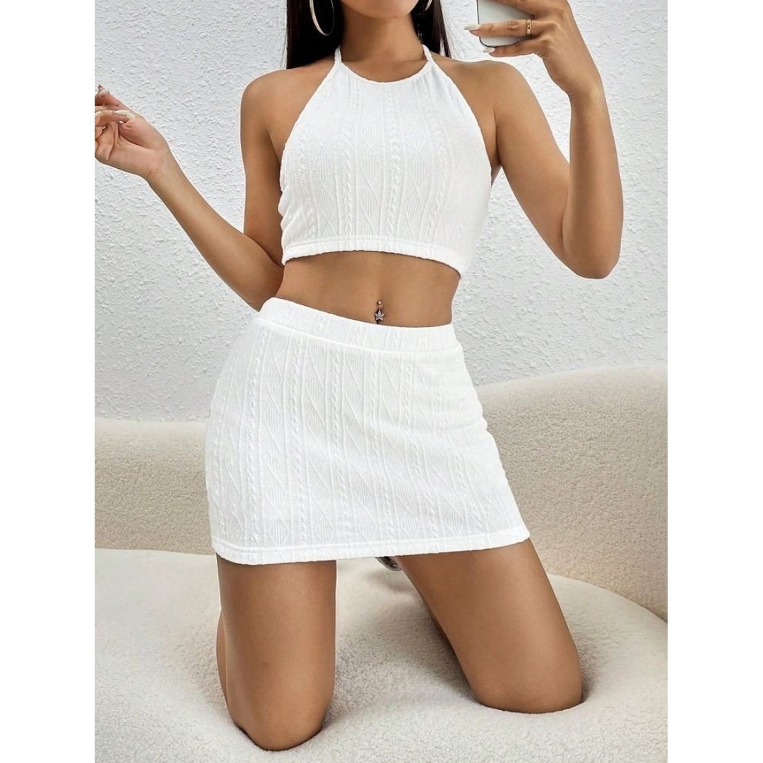 Kadın Sıfır Kol Crop Mini Etek Ikili Triko Takım - 161559 Kadın Sıfır Kol Crop Mini Etek Ikili Triko Takım - 161559