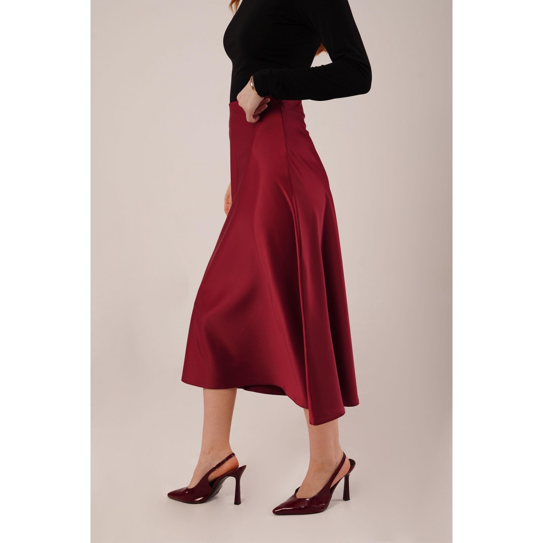 Çan Kesim Midi Bordo Saten Etek 147344 Çan Kesim Midi Bordo Saten Etek 147344