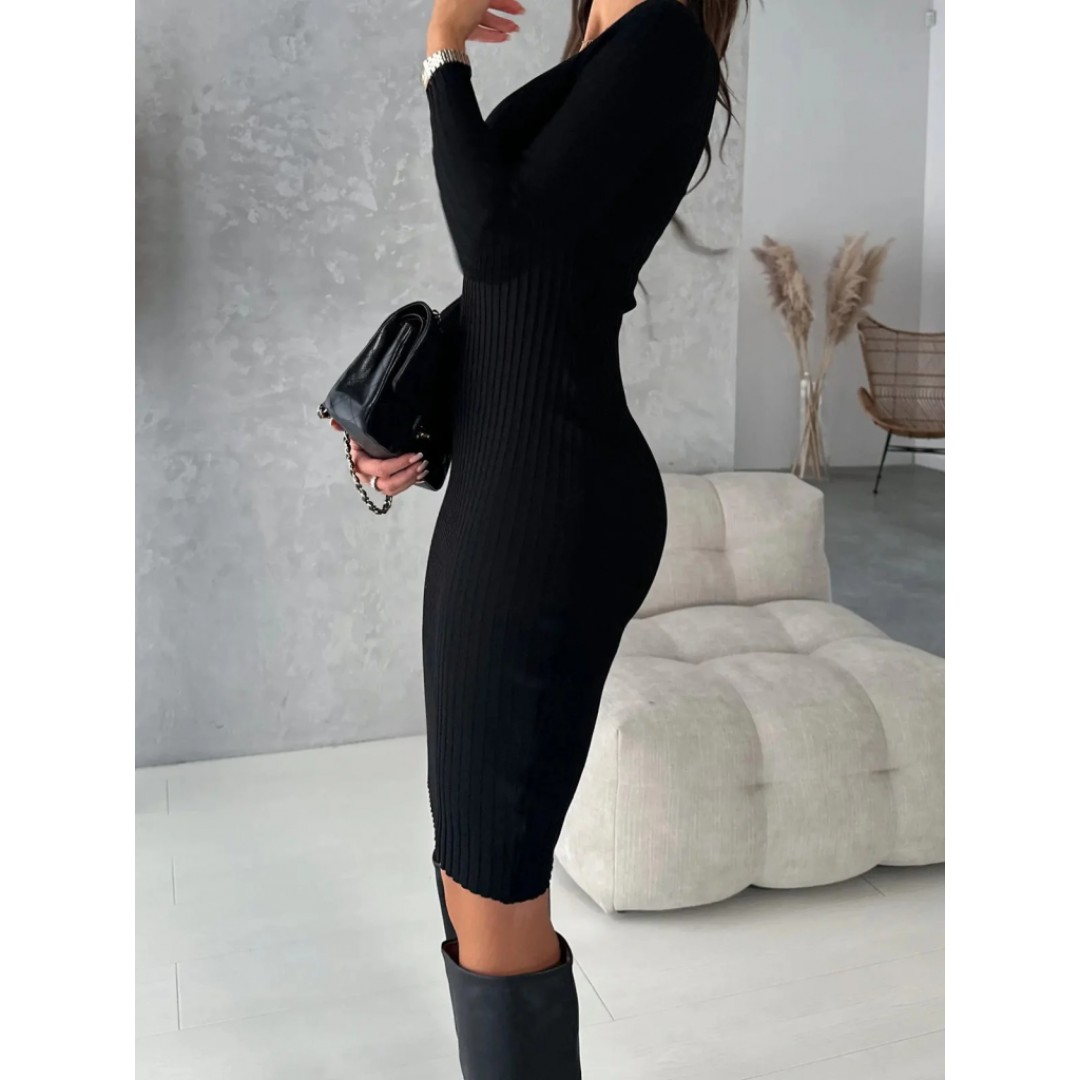 Kadın Uzun Kollu Geniş V Yaka Triko Midi Boy Elbise - 136527 Kadın Uzun Kollu Geniş V Yaka Triko Midi Boy Elbise - 136527
