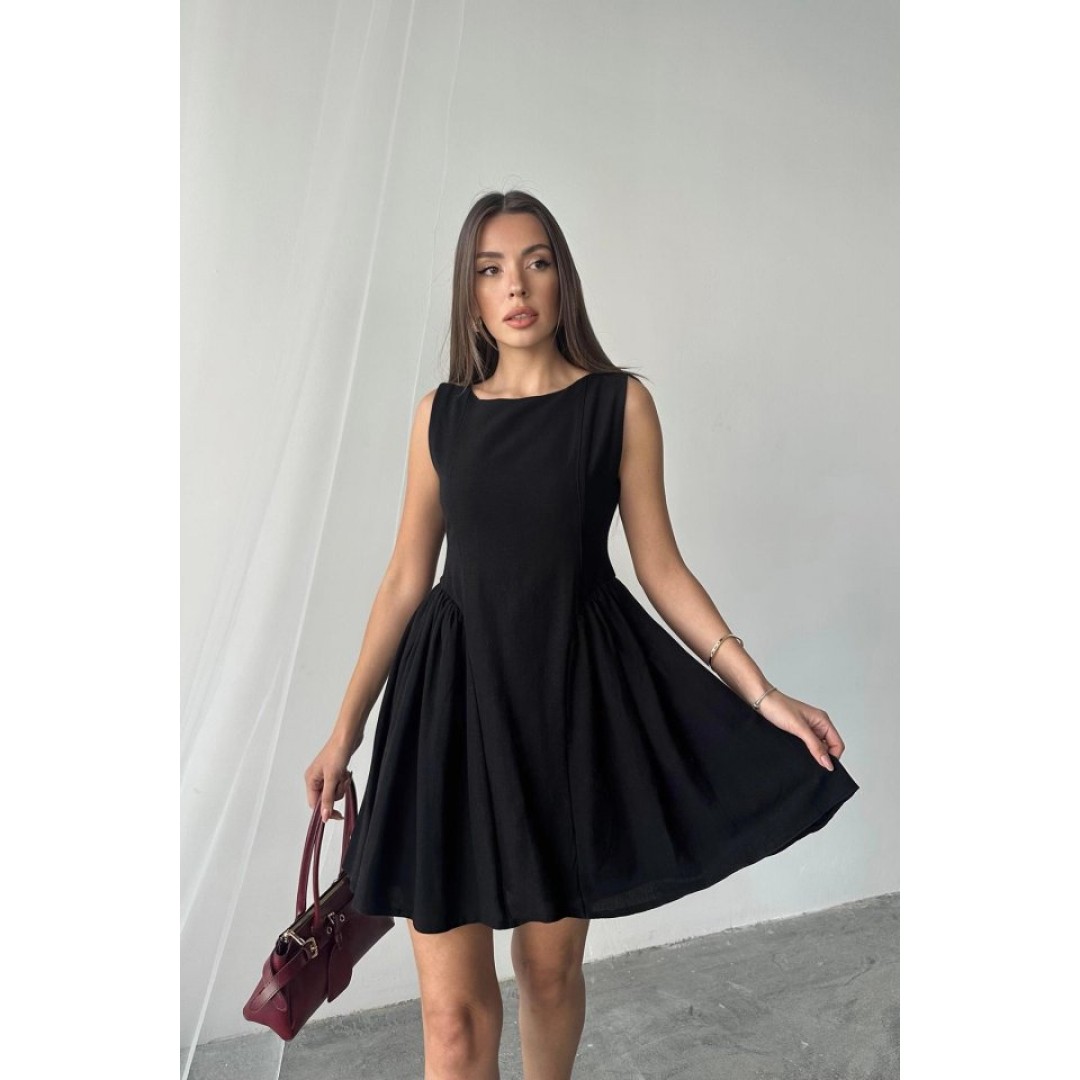 Siyah Mini Boy Büzgülü Keten Elbise 160627 Siyah Mini Boy Büzgülü Keten Elbise 160627