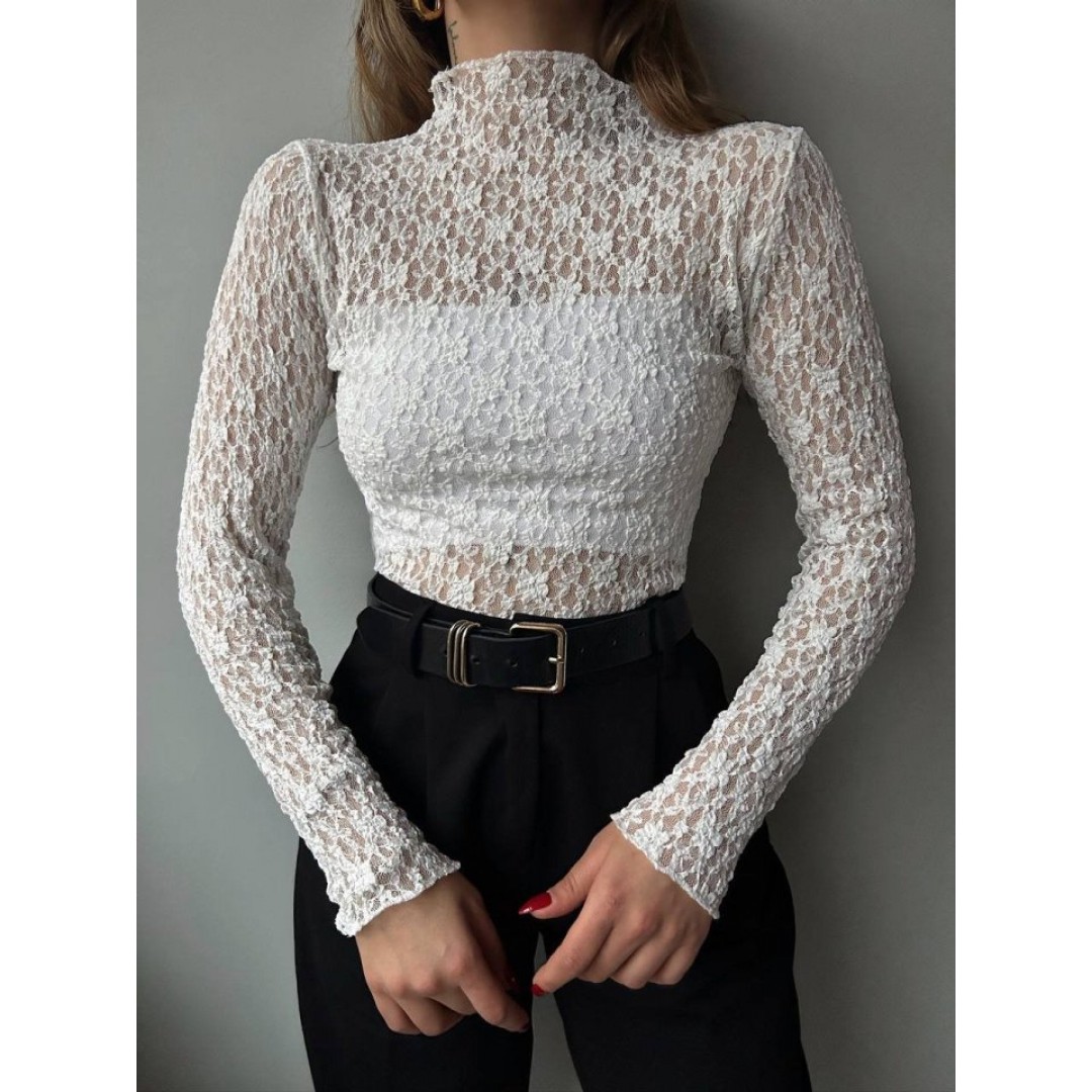 Kadın Likralı Dantel Transparan Uzun Kol Crop Bluz - 156150 Kadın Likralı Dantel Transparan Uzun Kol Crop Bluz - 156150