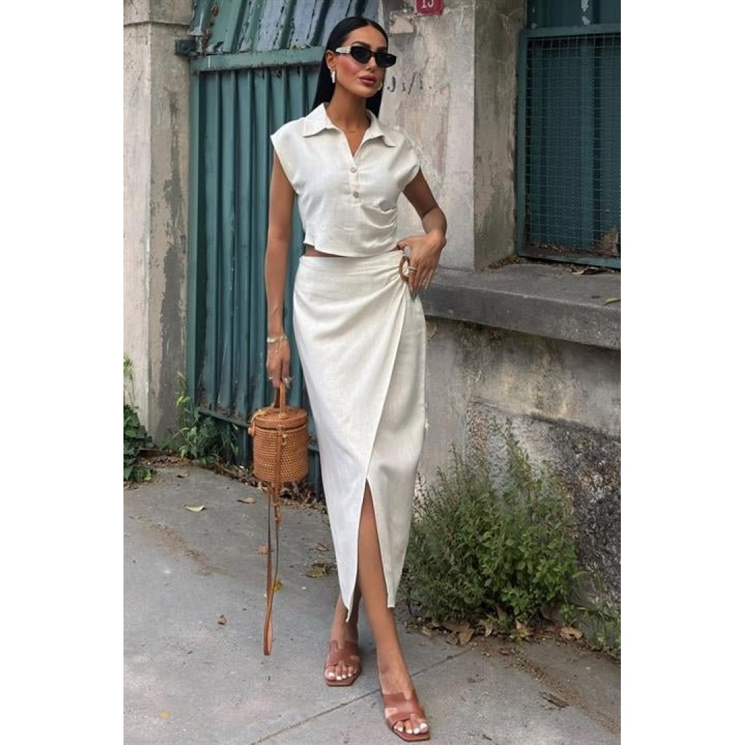Bluzu Büzgülü Ve Eteği Tokalı Keten Takım 10204 162540