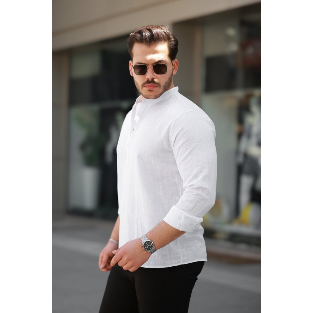 Erkek Hakim Yaka Yarım Düğmeli Keten Gömlek 159924