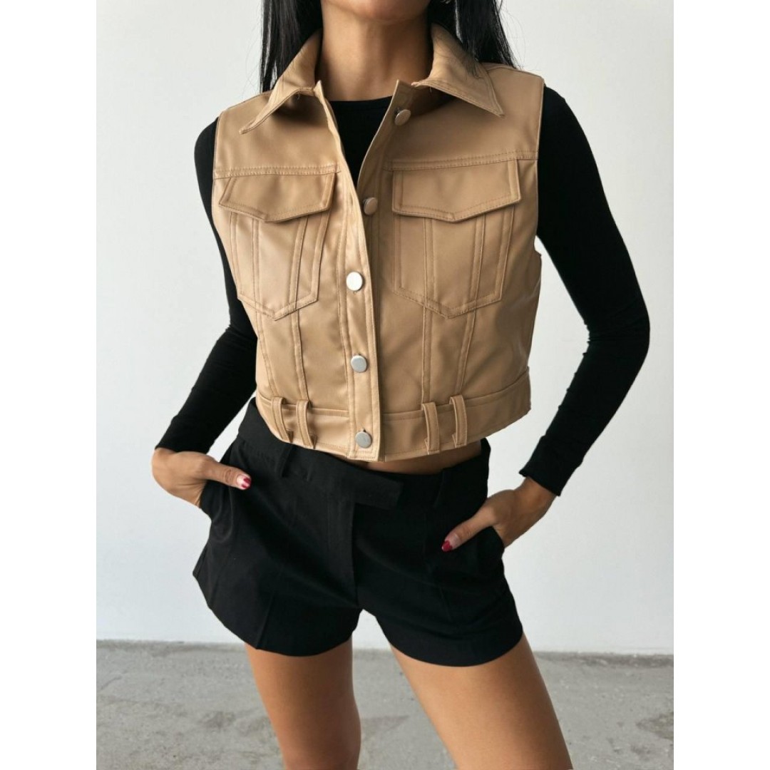 DERİ CROP YELEK - Bej 151882