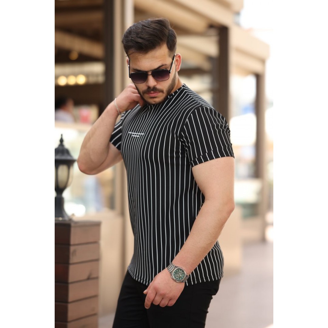 Erkek Dikey çizgili Ottoman Kumaş Kısa Kollu T-shirt 162322