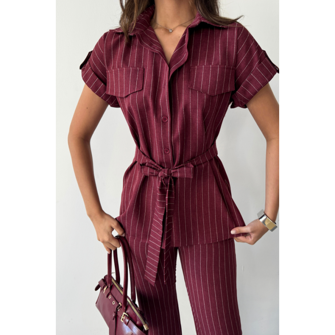 ÇİZGİLİ POLYVİSKON BLUZ - PANTOLON TAKIM - Bordo 159631