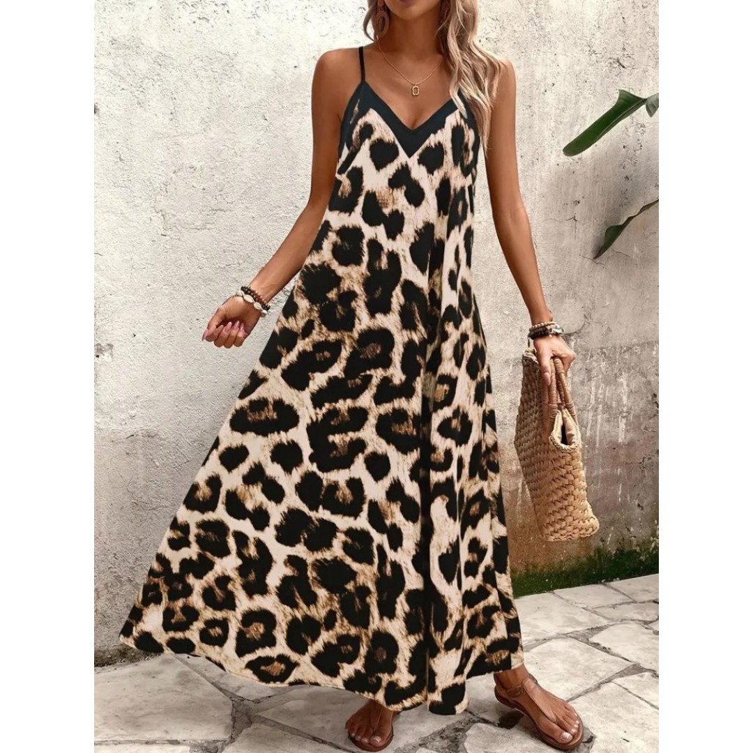 Kadın Ip Askılı Geniş V Yakalı Leopar Desenli Süprem Elbise 163768