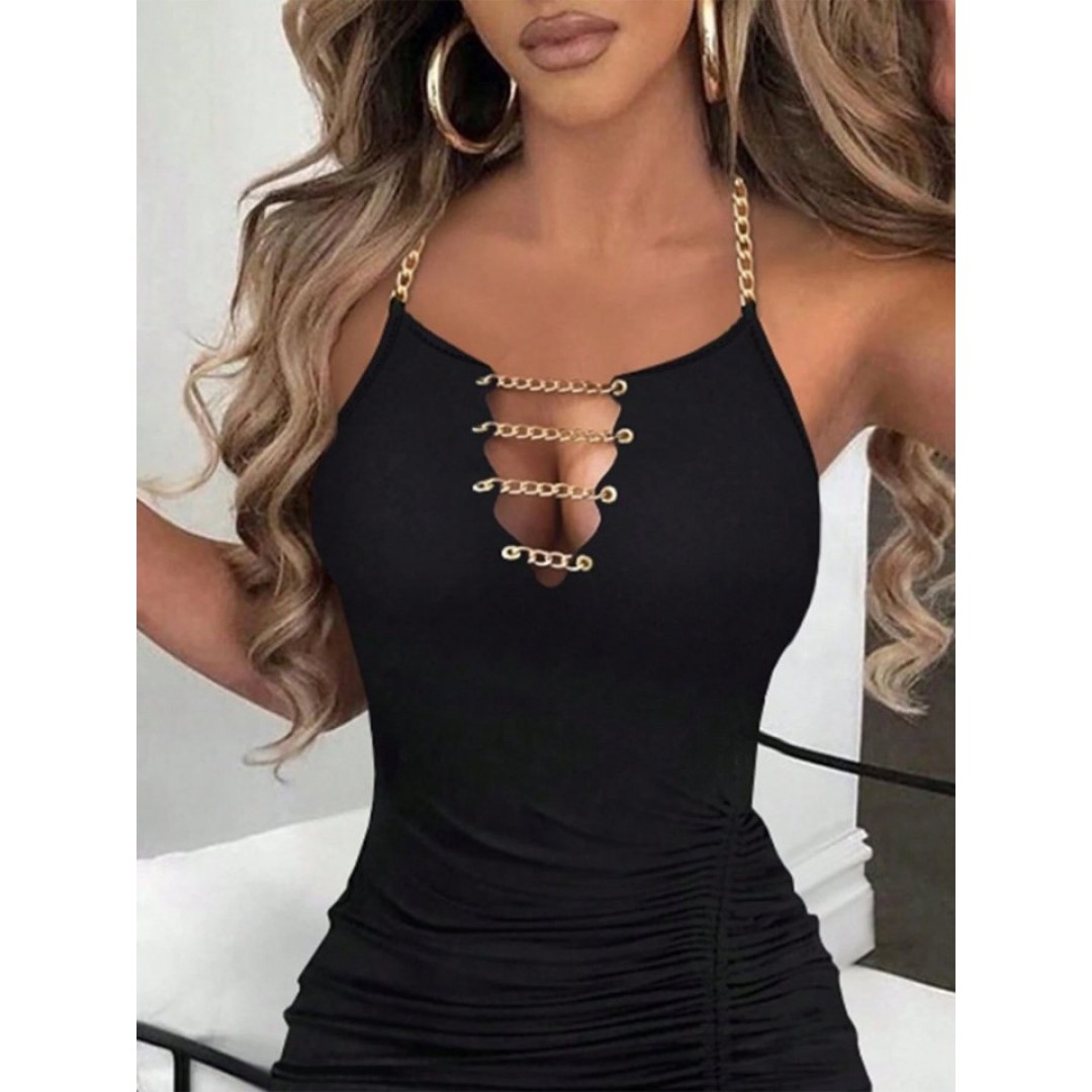 Kadın Ithal Full Likralı Sandy Kumaş Kuşgözü Ve Metal Zincir Detaylı Asansör Büzgülü Yırtmaç Dekolteli Maxi Boy Elbise - 141446