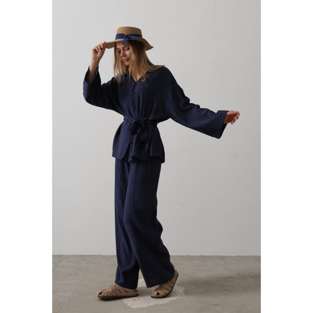 Beli Bağlamalı Tunik Ve Beli Bağlamalı Pantolon Takım - Lacivert 160640 Beli Bağlamalı Tunik Ve Beli Bağlamalı Pantolon Takım - Lacivert 160640