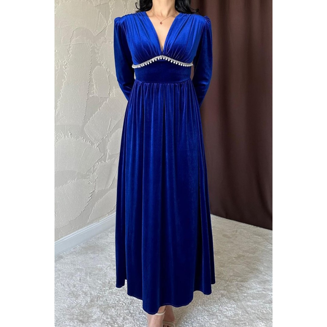 Saks Göğüs Altı Taşlı Elbise 152783 Saks Göğüs Altı Taşlı Elbise 152783