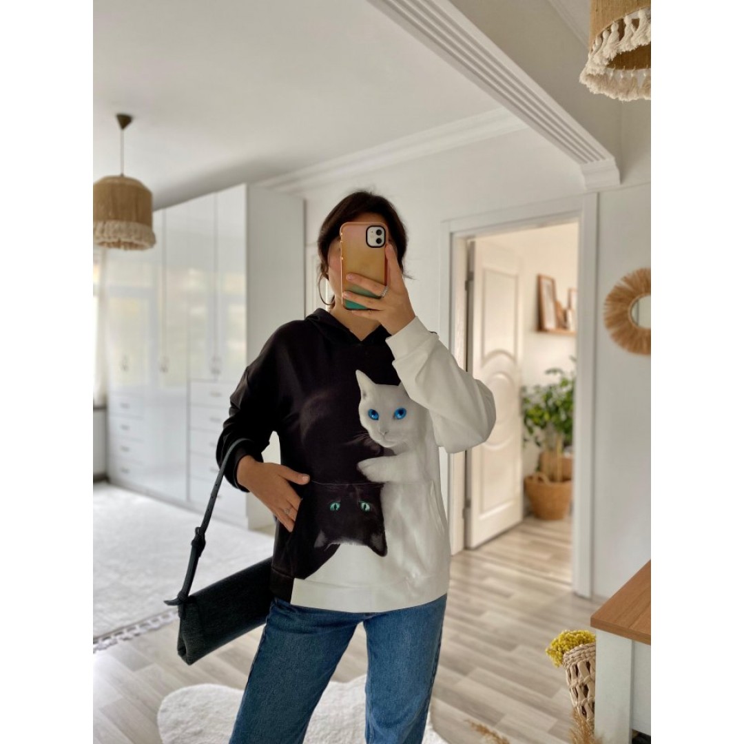 Kadın Uzun Kollu Kapşonlu Bağcıklı Kedi Desenli şardonlu Dalgıç Bluz - 134701 Kadın Uzun Kollu Kapşonlu Bağcıklı Kedi Desenli şardonlu Dalgıç Bluz - 134701