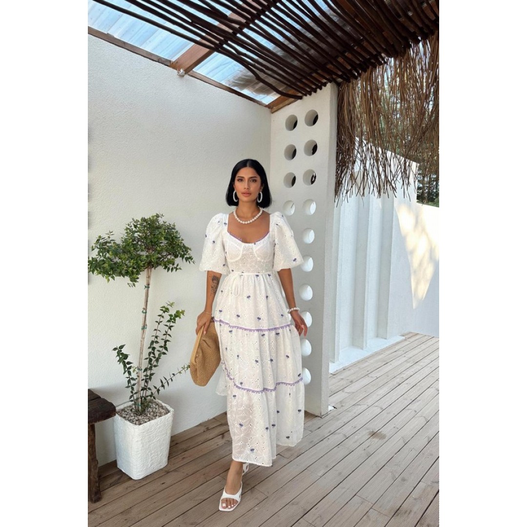 Lila Dantel Detaylı Brode Elbise - 153658 Lila Dantel Detaylı Brode Elbise - 153658