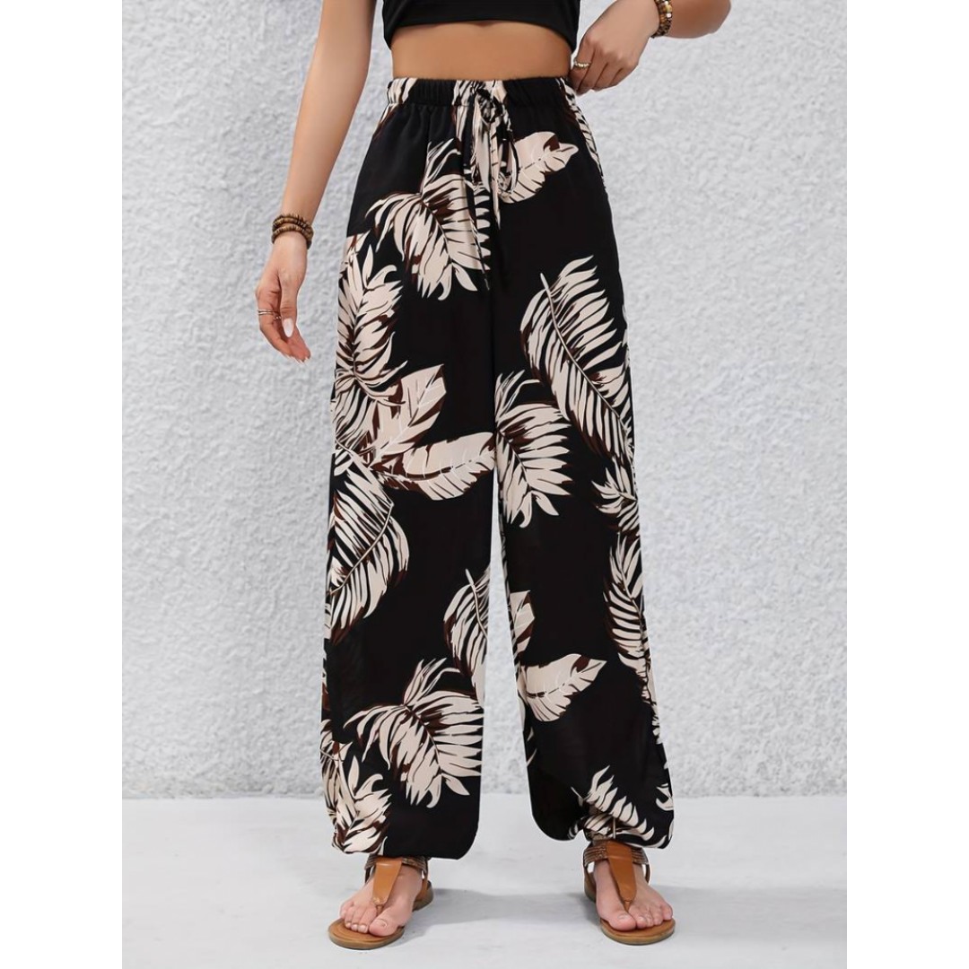 Kadın Beli Ve Paçası Lastikli Yaprak Desen Süprem Kumaş Pantolon - 156232 Kadın Beli Ve Paçası Lastikli Yaprak Desen Süprem Kumaş Pantolon - 156232